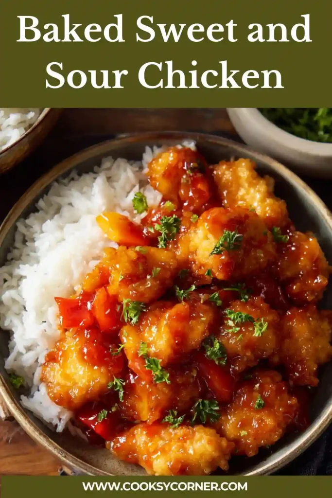 Baked Sweet and Sour Chicken in a baking dish coated in glossy tangy sauce. The chicken pieces are golden and served over rice.