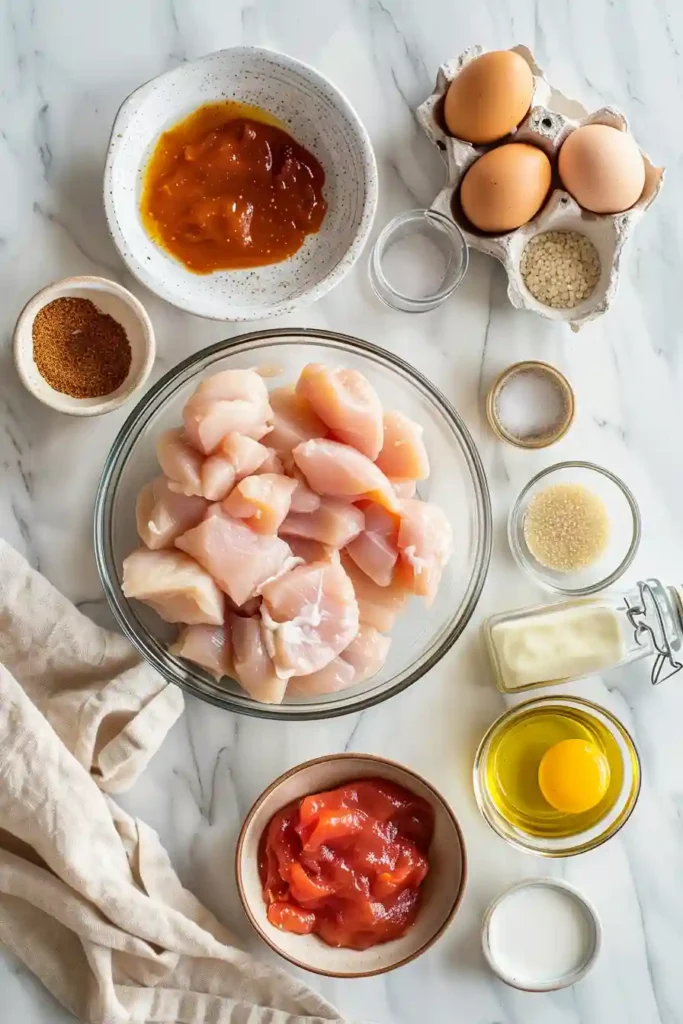 Golden baked chicken pieces coated in sweet and sour sauce with sesame seeds on top. A comforting dinner dish.