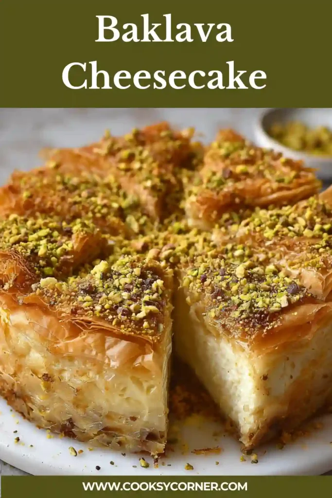 Slice of Baklava Cheesecake revealing nutty layers and creamy interior. The phyllo crust looks golden and crisp.