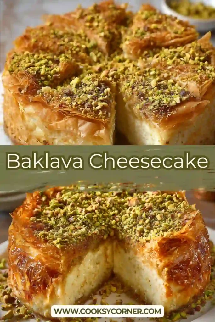 Close-up of Baklava Cheesecake showing crisp layered phyllo edges and smooth cheesecake filling. Pistachios and honey glaze add shine and texture.