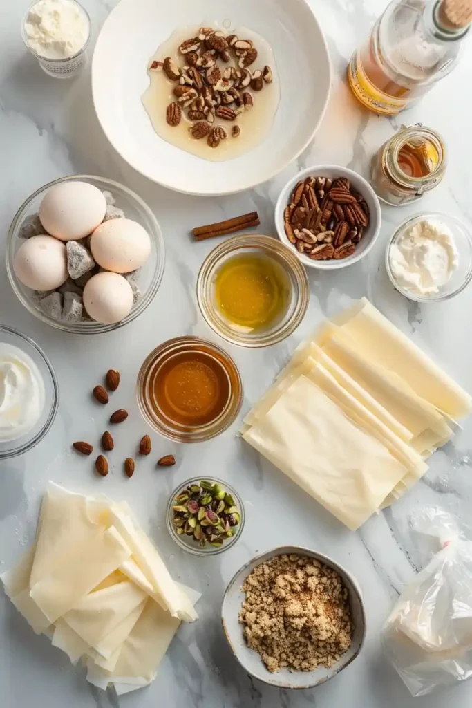 Homemade Baklava Cheesecake topped with chopped pistachios and glossy honey syrup. A rich and elegant layered dessert.