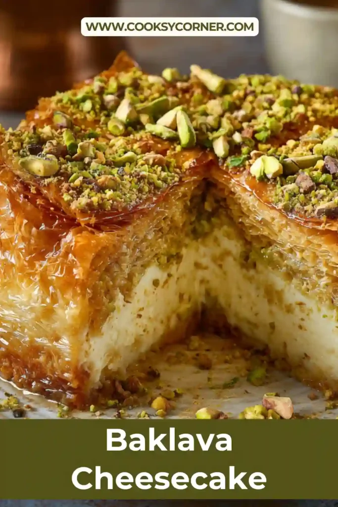 Baklava Cheesecake with golden ruffled phyllo crust, creamy cheesecake center, and crushed pistachios on top. The dessert is drizzled with honey syrup and sliced neatly.