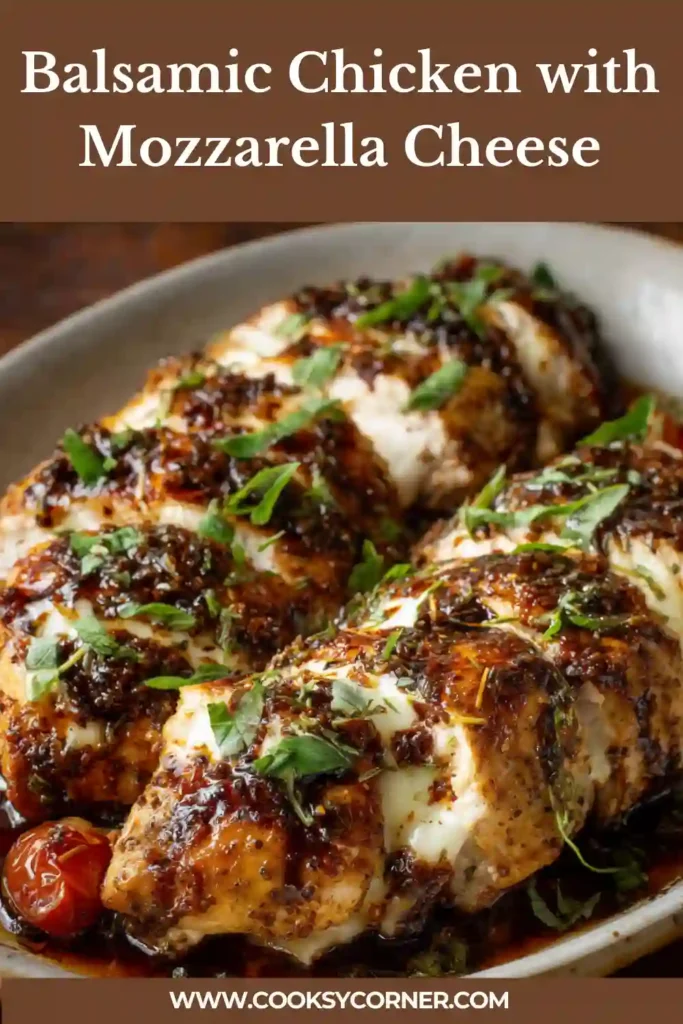 Oven baked balsamic chicken topped with melted mozzarella.
