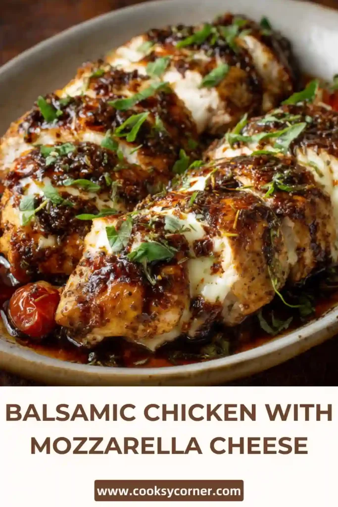 One-pan balsamic chicken with tomatoes and mozzarella cheese.