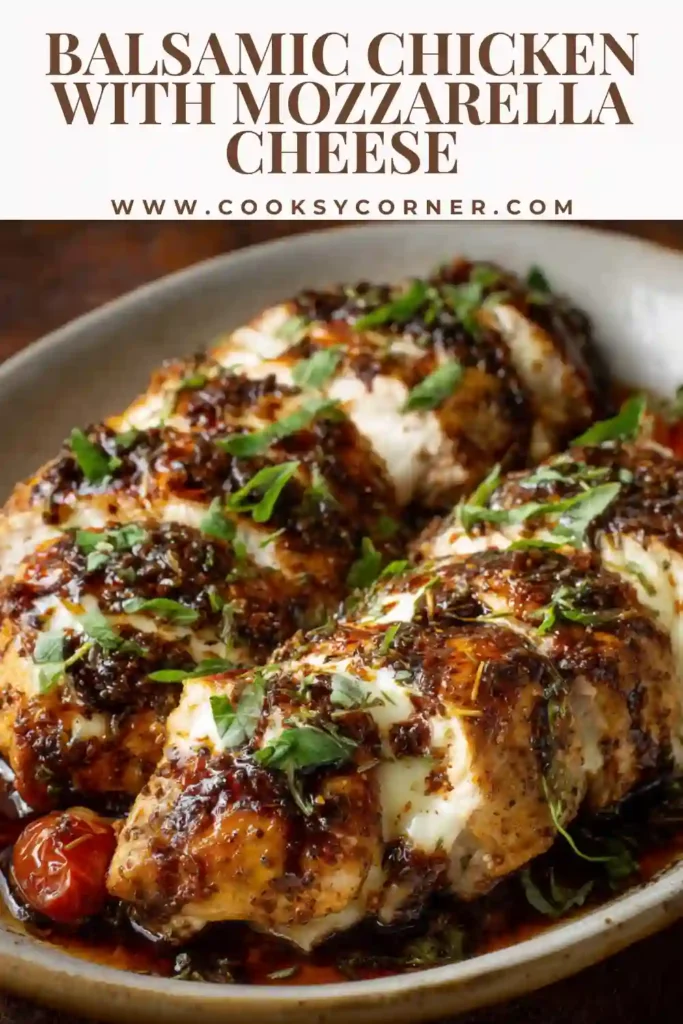 Balsamic chicken with mozzarella cheese baked with tomatoes and garlic.