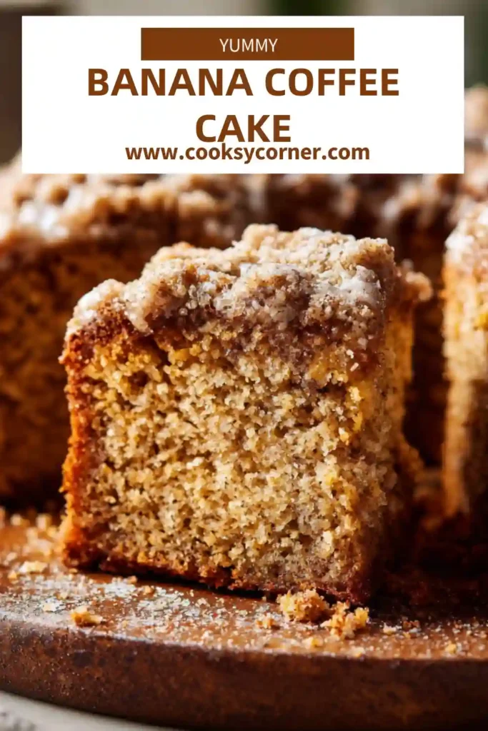 Banana coffee cake with cinnamon crumble and icing drizzle.