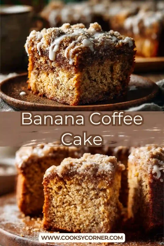 Moist banana crumb coffee cake sliced in a pan.