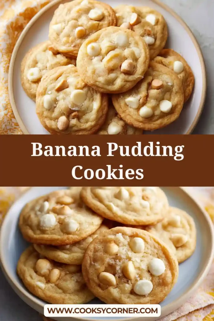 Close-up of Banana Pudding Cookies showing creamy texture and chunks of white chocolate. The tops are slightly crackled and lightly golden.