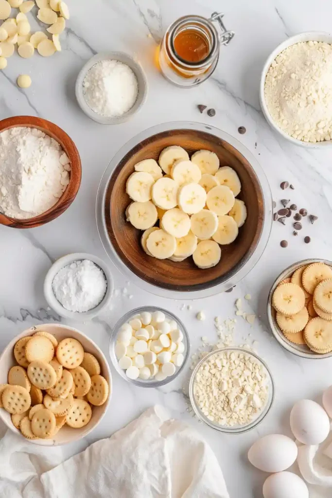 Homemade Banana Pudding Cookies arranged on parchment paper with visible banana cream pudding texture. Soft centers and crisp edges.