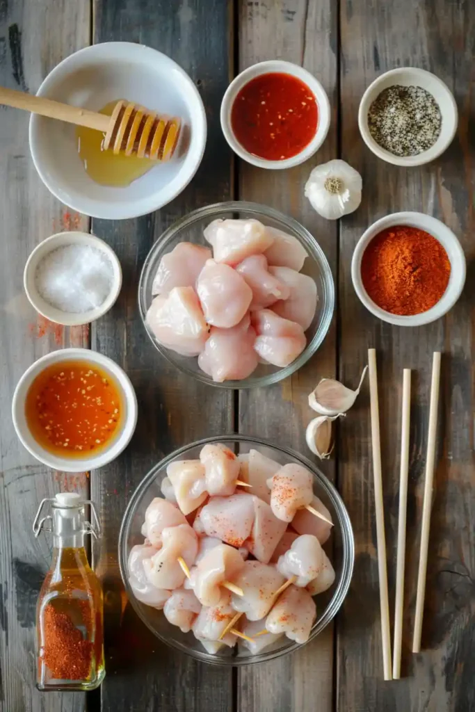 Sweet chili chicken skewers with creamy drizzle on a serving platter.