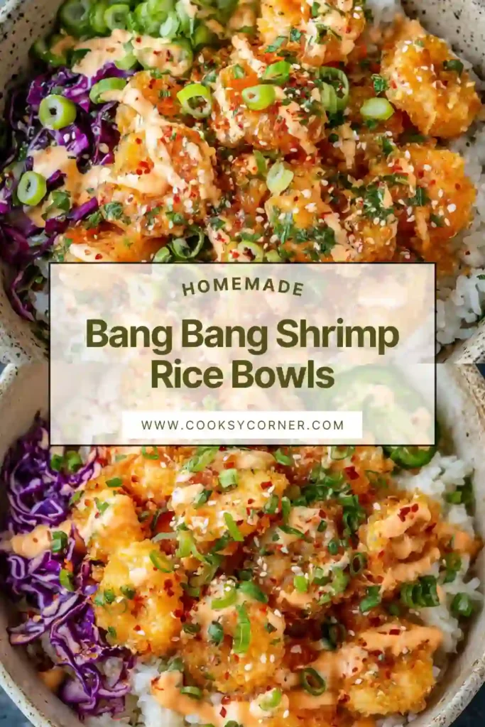 Close-up of crispy fried shrimp tossed in bang bang sauce served over rice with shredded carrots and cucumbers. A colorful and vibrant shrimp rice bowl.