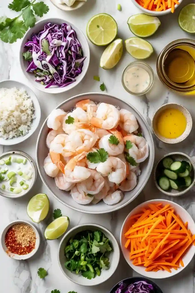 A fresh and vibrant shrimp rice bowl featuring bang bang shrimp, avocado slices, and pickled cucumbers. Perfect balance of creamy, crispy, and spicy.
