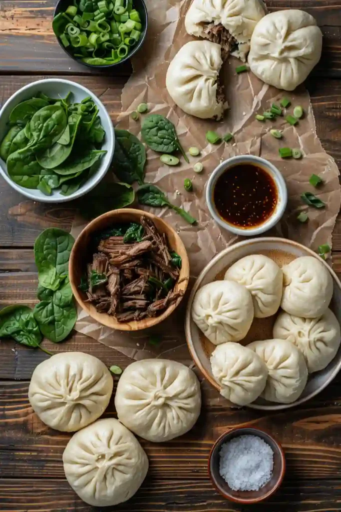 Close-up of steamed beef bun showing tender hoisin-coated filling.