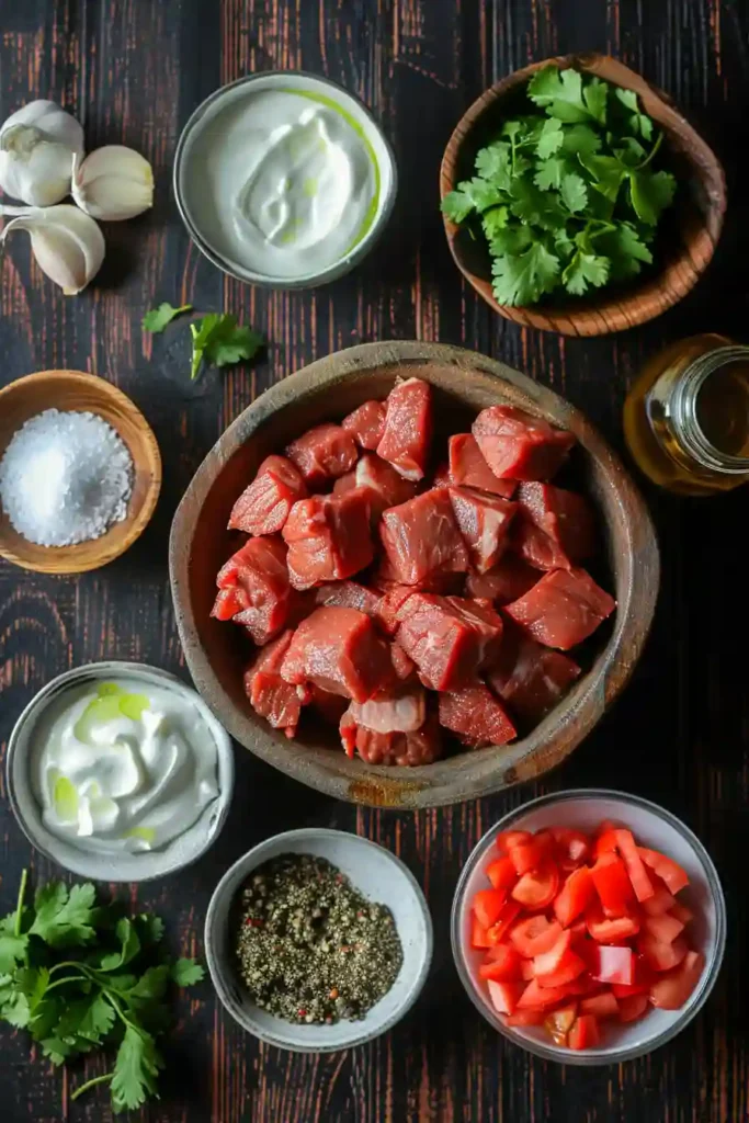 Authentic Beef Vindaloo served with rice, showing tender beef pieces coated in a bold red curry sauce. A hearty and flavorful Indian beef curry dish.