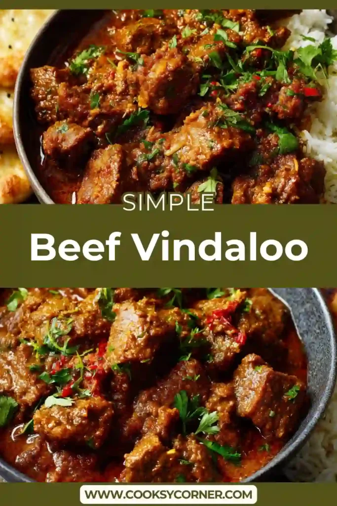 Close-up of spicy Beef Vindaloo with thick tangy sauce and slow-cooked beef cubes. This traditional Indian beef curry is deeply flavorful and vibrant.
