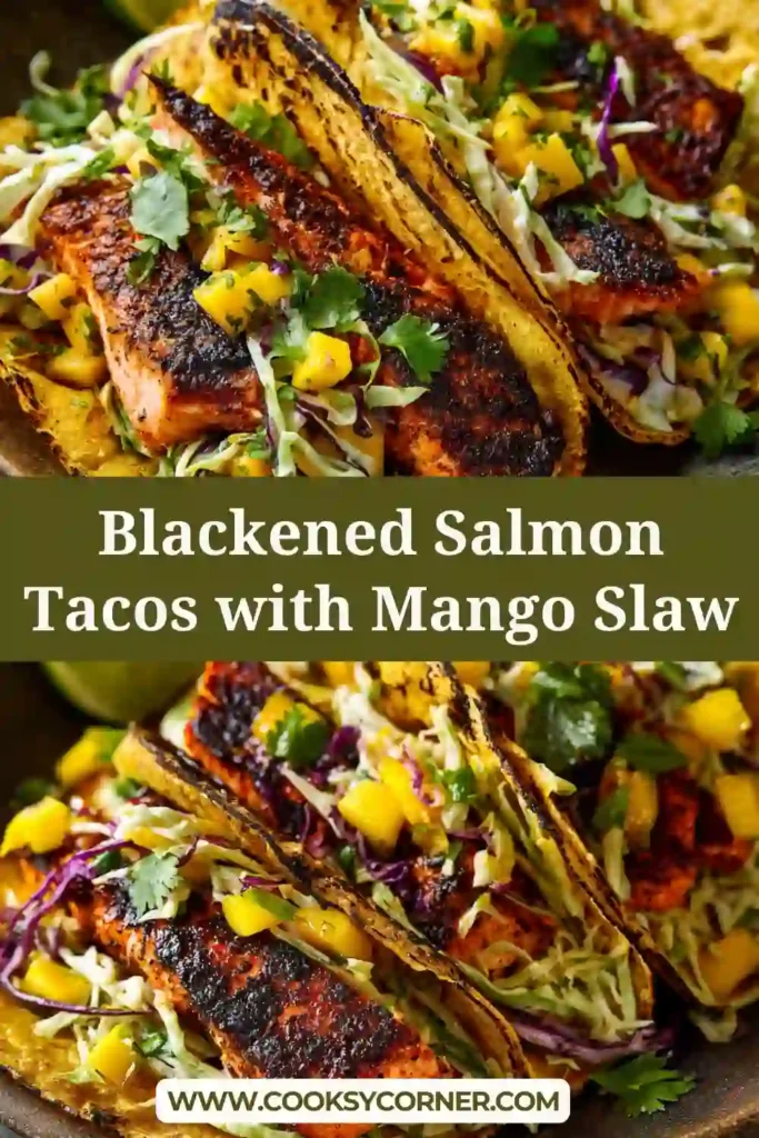 Spicy blackened salmon tacos with crunchy mango slaw and lime wedges on the side. Perfect for taco night.