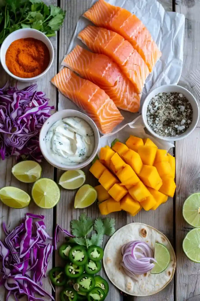 Fresh blackened salmon tacos served with mango cabbage slaw in warm corn tortillas. A bold and flavorful fish taco meal.