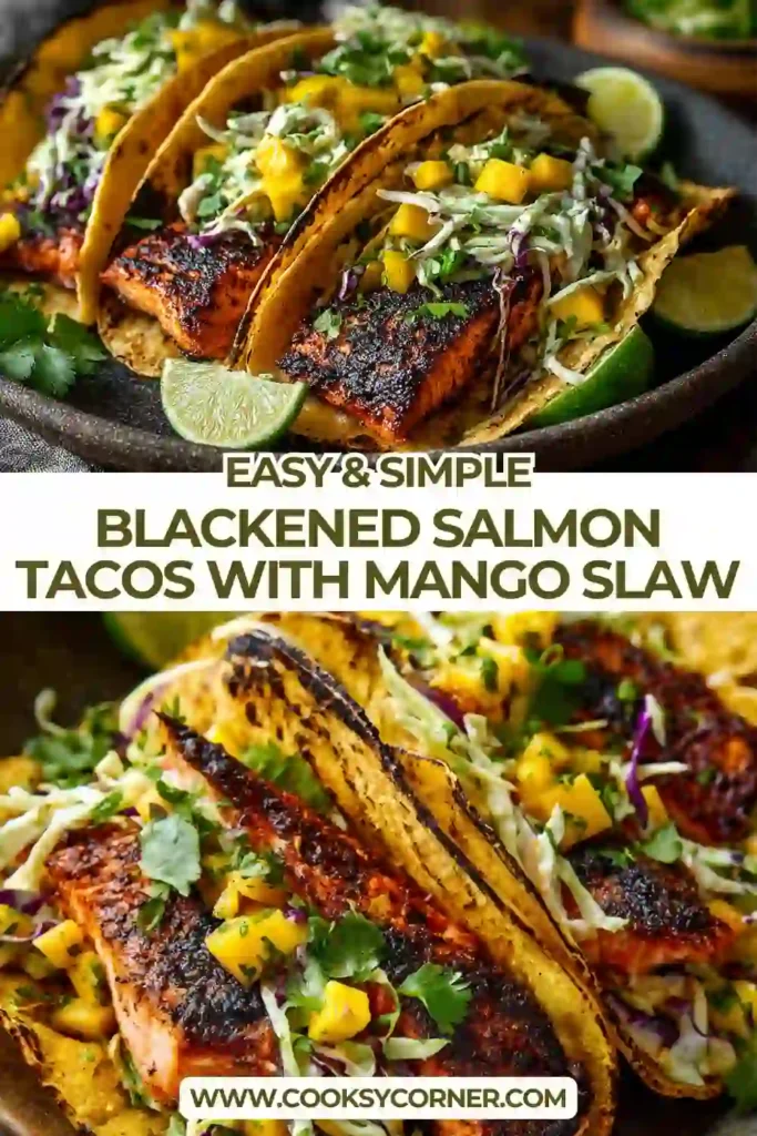 Close-up of blackened salmon tacos topped with mango slaw, avocado, and cilantro. A colorful and healthy taco recipe.