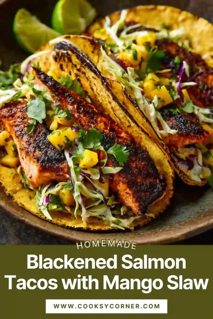 Blackened salmon tacos filled with mango slaw and fresh toppings served on corn tortillas. The tacos look vibrant, fresh, and full of texture.