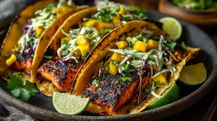 Blackened Salmon Tacos with Mango Slaw