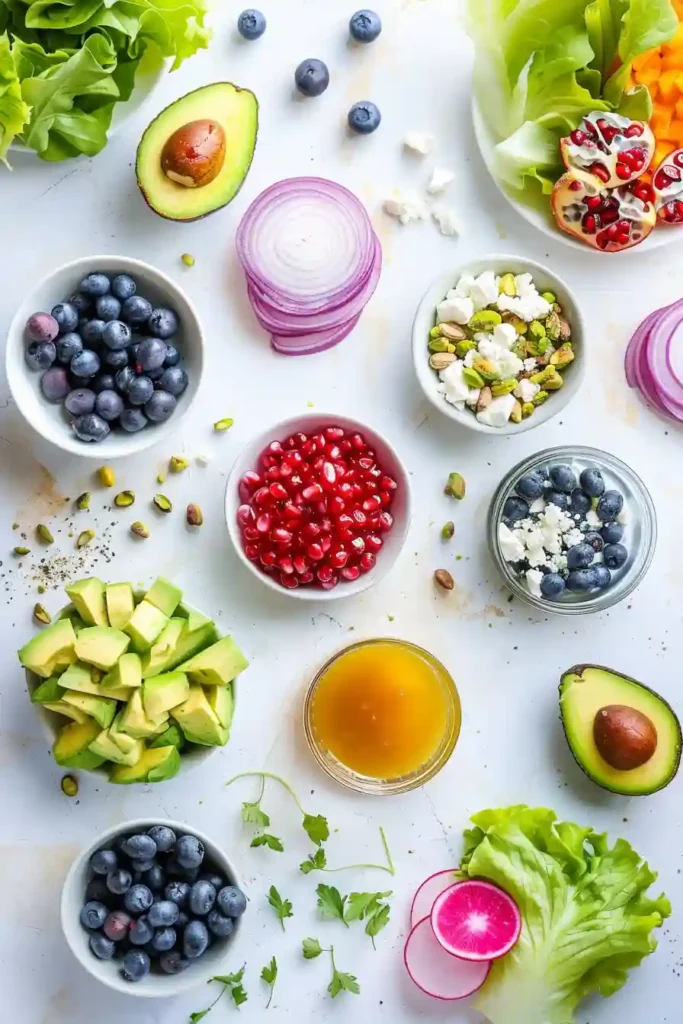Fresh spring salad with avocado, feta, pistachios, and pomegranate dressing ready to serve.