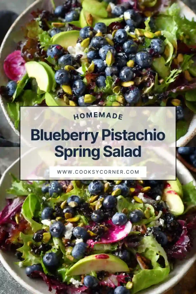 Blueberry Pistachio Spring Salad served on a platter with mixed greens, blueberries, avocado slices, candied pistachios, feta cheese, and pomegranate arils.