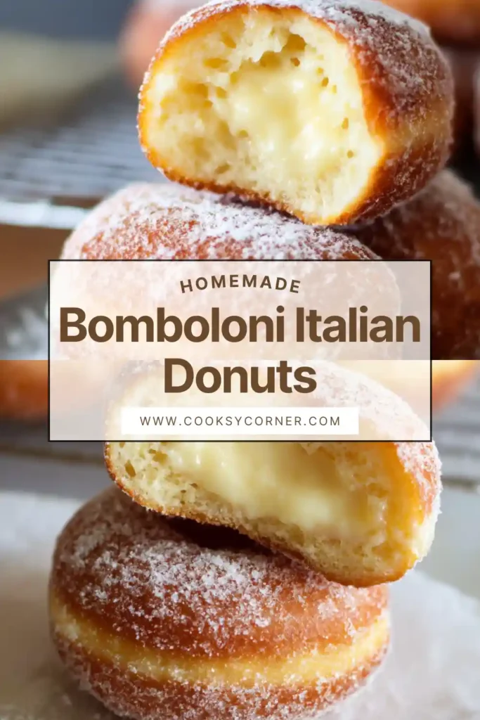 Homemade Bomboloni Italian Donuts arranged on a wire rack after frying. Each donut is generously coated in sugar and filled with smooth custard.