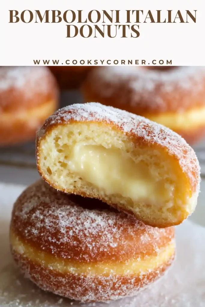 Close-up of Bomboloni Italian Donuts with vanilla pastry cream filling visible inside. The texture looks fluffy and airy with a crisp sugar coating.