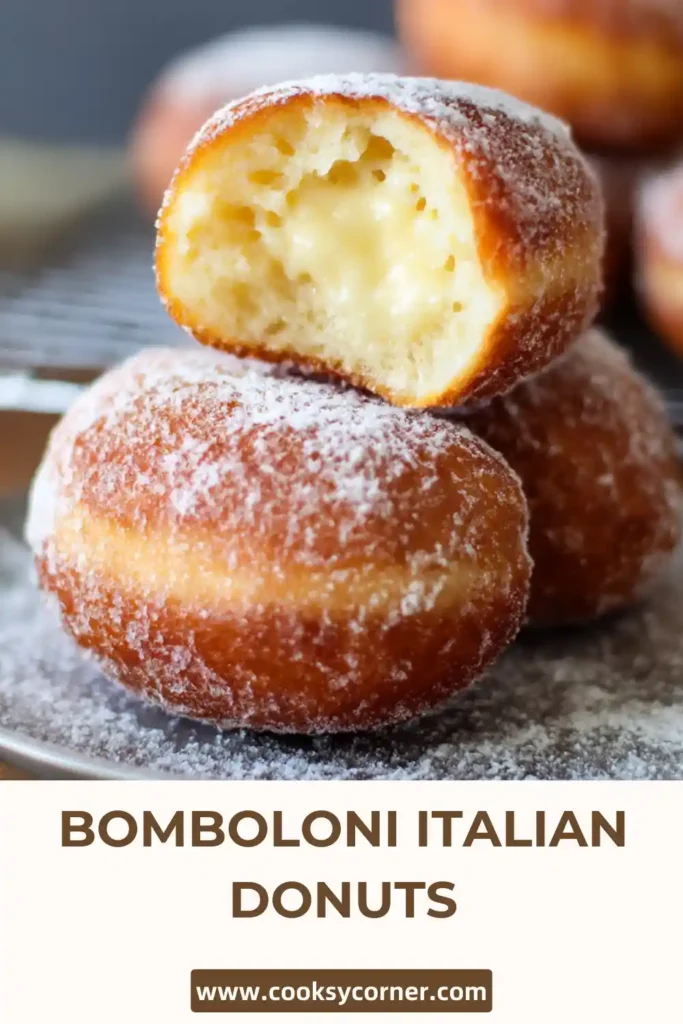Freshly fried Bomboloni Italian Donuts coated in sugar and filled with creamy Italian pastry cream. The donuts are golden brown, soft, and lightly dusted with granulated sugar.