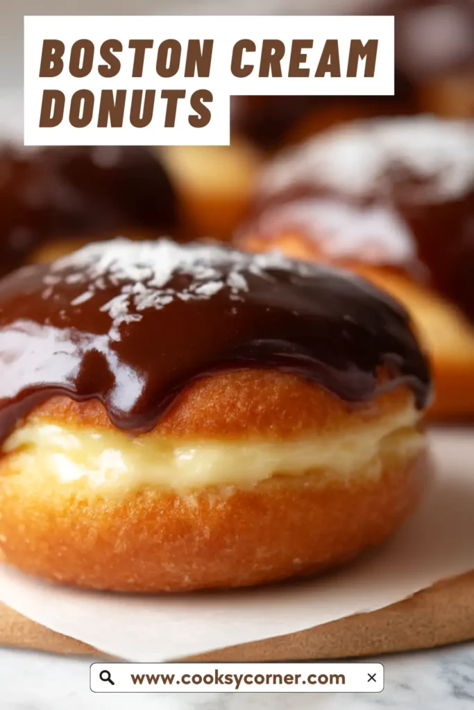 Boston cream doughnuts sliced open showing creamy filling.
