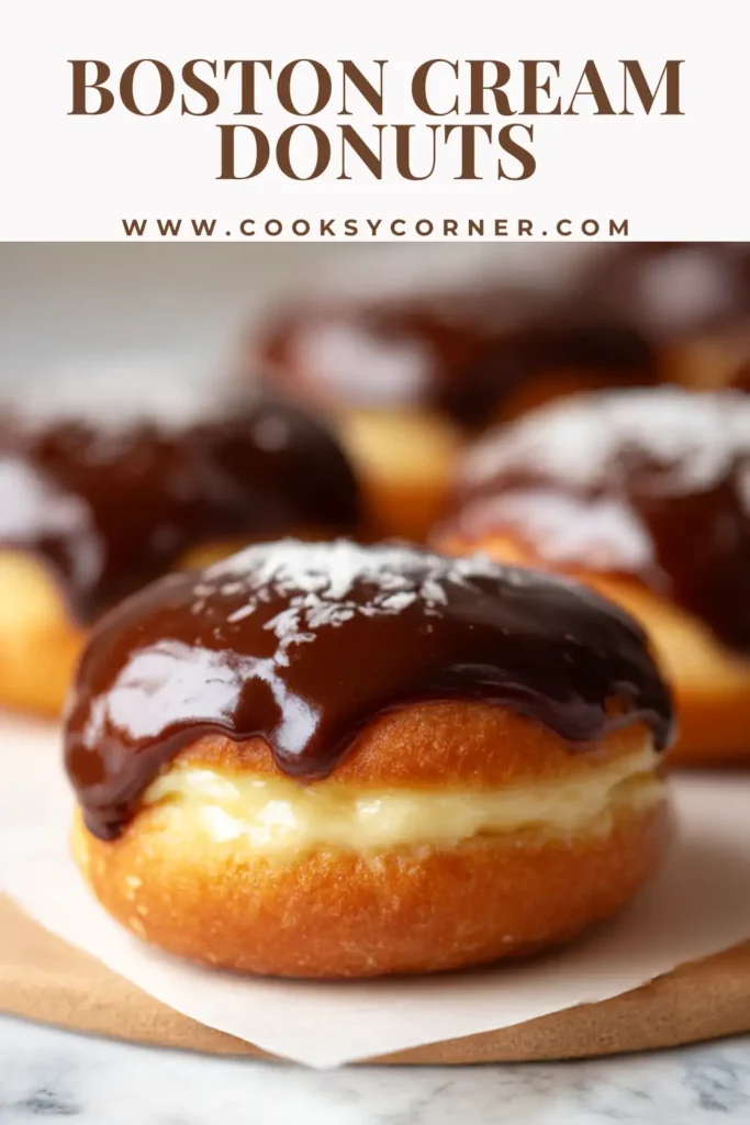Boston cream donuts filled with vanilla pastry cream and topped with chocolate glaze.