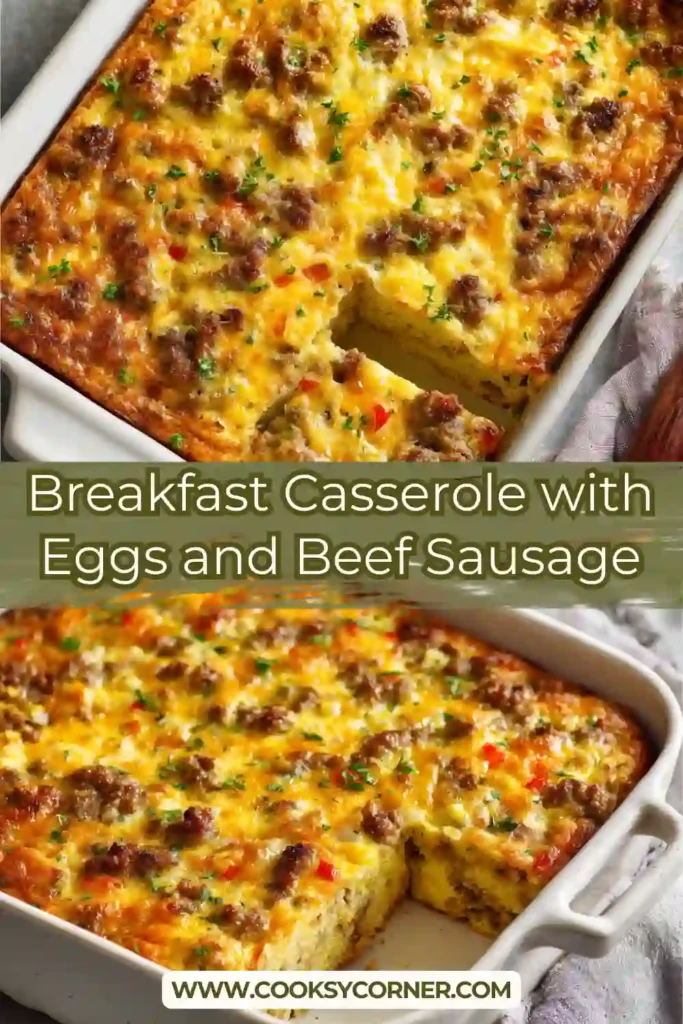 Breakfast casserole baked with eggs, beef sausage, cheese, and bell peppers in a 9x13 pan.