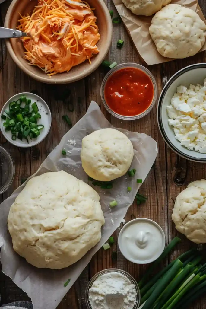 Close-up of buffalo chicken biscuit bombs with melted cheese filling.