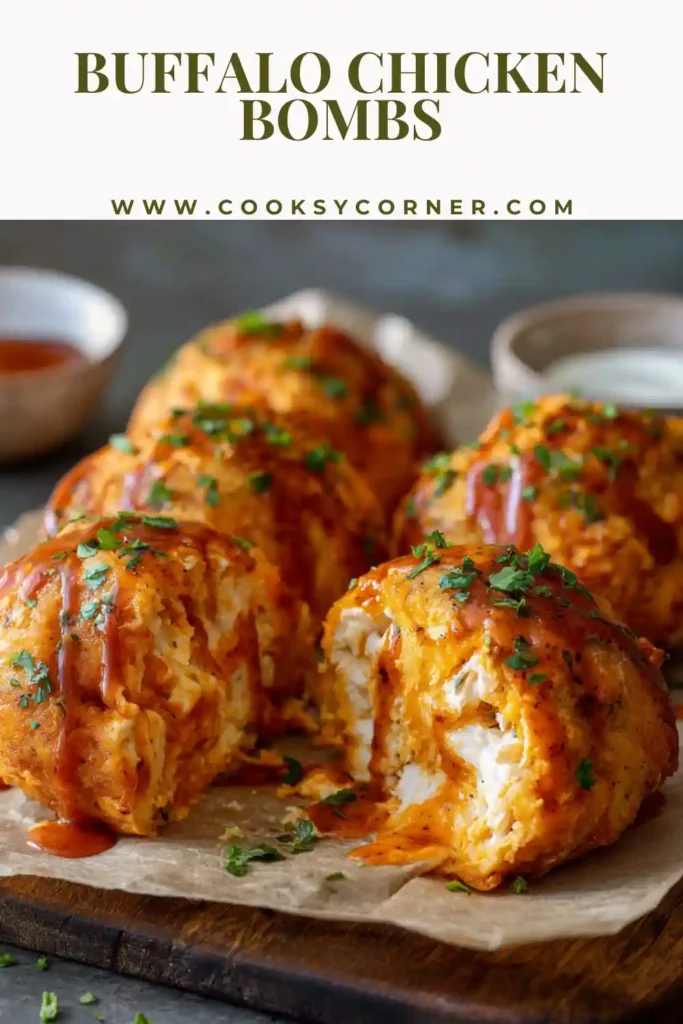 Buffalo Chicken Bombs baked golden brown and drizzled with buffalo sauce.