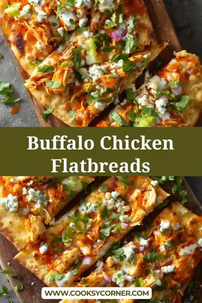 Close-up of spicy chicken flatbread with creamy buffalo sauce and golden melted cheese.