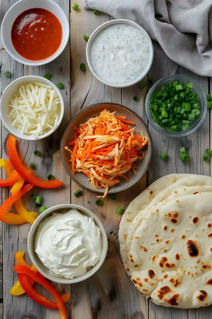 Easy buffalo chicken pizza style flatbread baked until bubbly and golden.