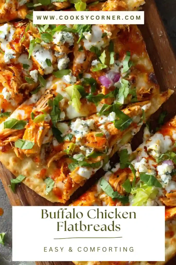 Buffalo Chicken Flatbreads topped with shredded chicken, melted mozzarella, mini bell peppers, and ranch drizzle on whole wheat crust.