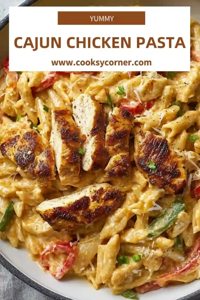 Cajun Chicken Pasta with Parmesan cream sauce and fresh parsley garnish, showing juicy chicken pieces and pasta covered in a creamy sauce.
