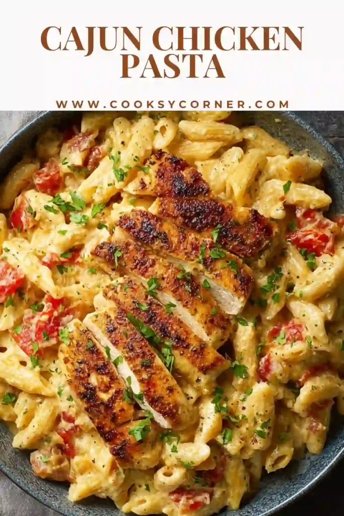 Close-up of creamy Cajun Chicken Pasta with bold spices, tender chicken, and smooth sauce clinging to the pasta.