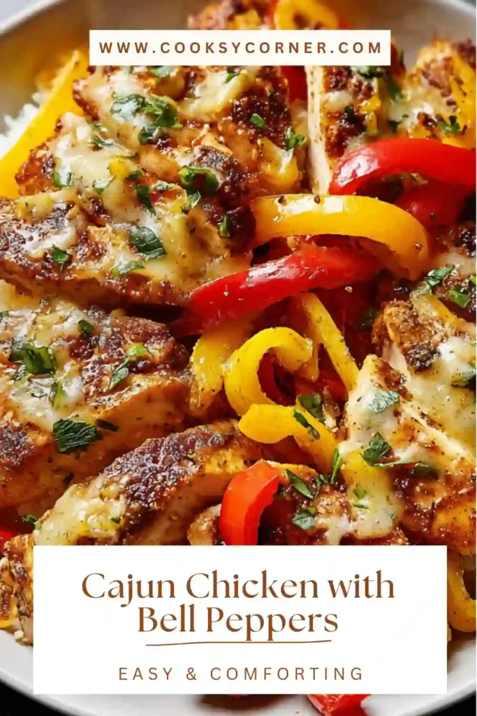 Close-up of Cajun Chicken with Bell Peppers showing seasoned chicken and tender bell peppers. A flavorful Cajun chicken dinner ready in 30 minutes.