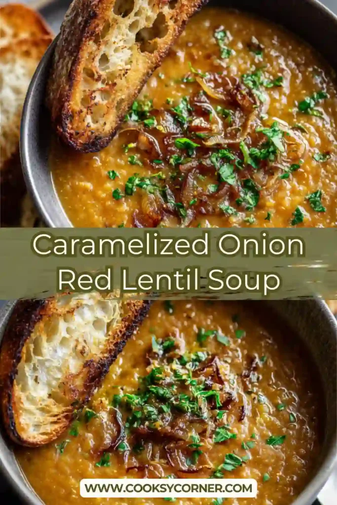 Close-up of vegan red lentil soup with golden caramelized onions and diced carrots in a rustic bowl.
