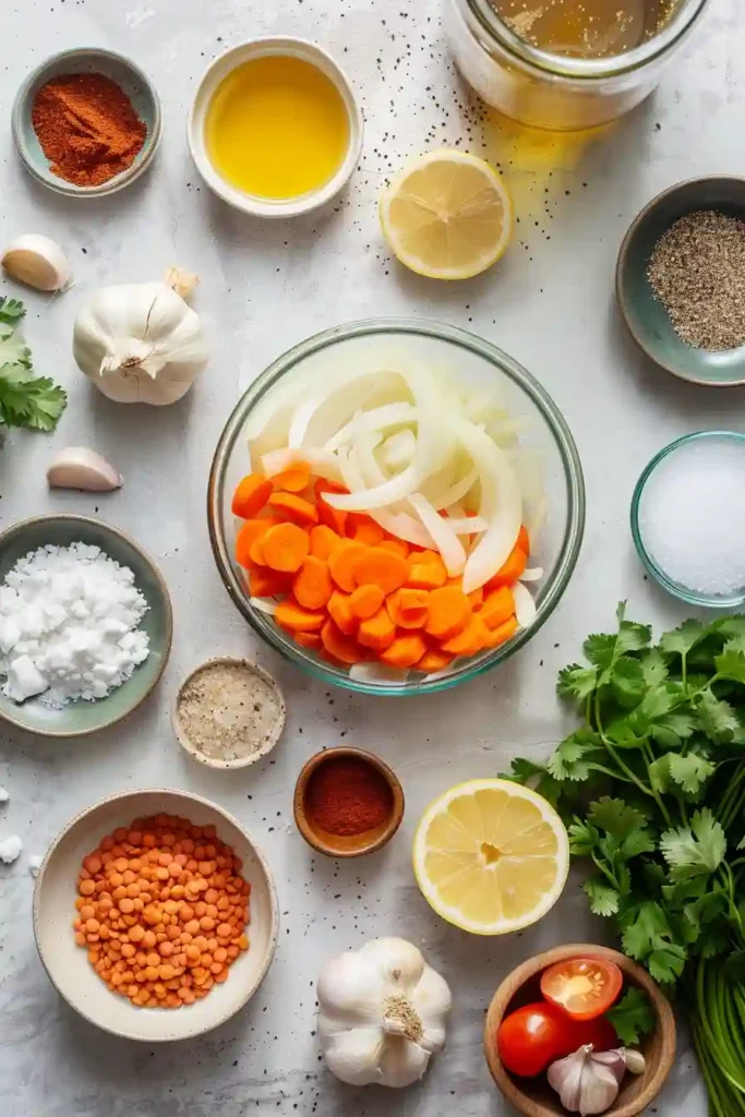 Warm bowl of red lentil soup with visible tender lentils and soft carrots in rich broth.