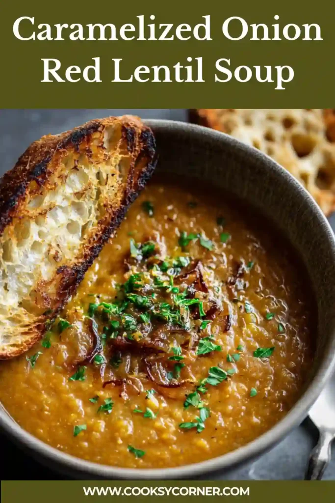 Bowl of caramelized onion red lentil soup topped with fresh parsley and black pepper, showing thick hearty texture.
