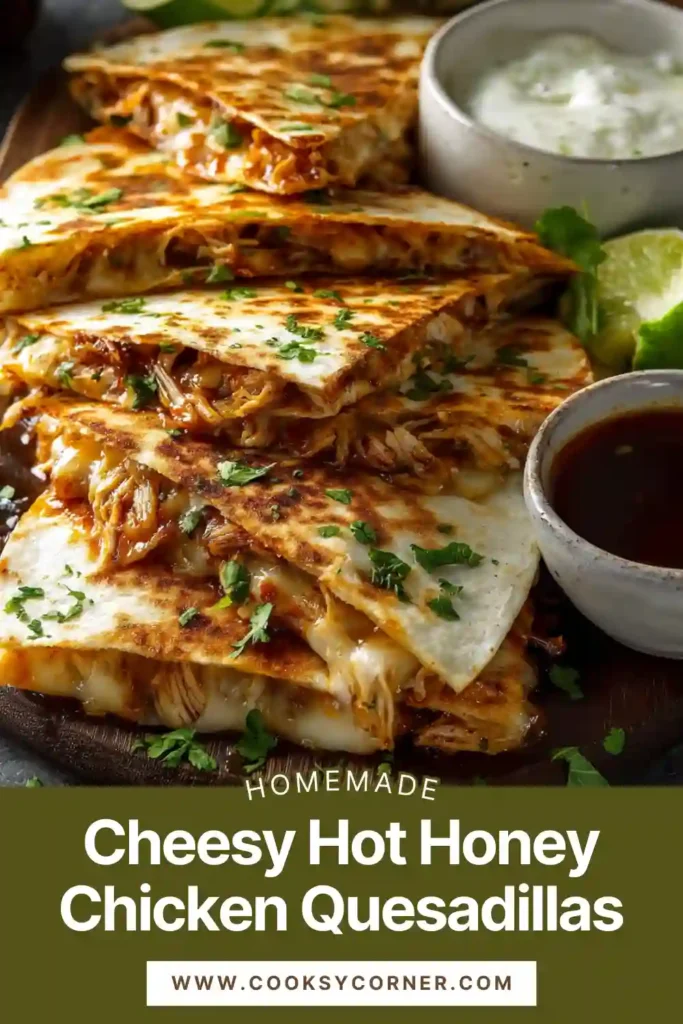 Golden brown Cheesy Hot Honey Chicken Quesadillas served with spicy jalapeno cream dip. Crispy tortillas filled with hot honey glazed chicken and melted cheese.