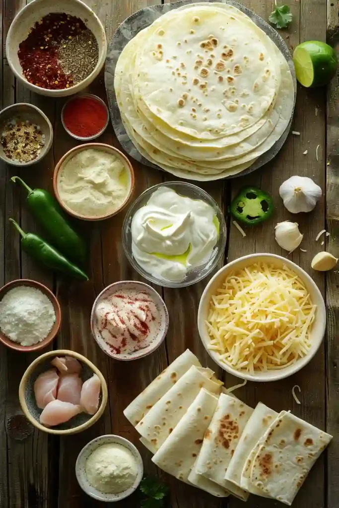 Overhead view of Cheesy Hot Honey Chicken Quesadillas arranged with fresh jalapeno slices and creamy dipping sauce. Perfect easy chicken dinner presentation.