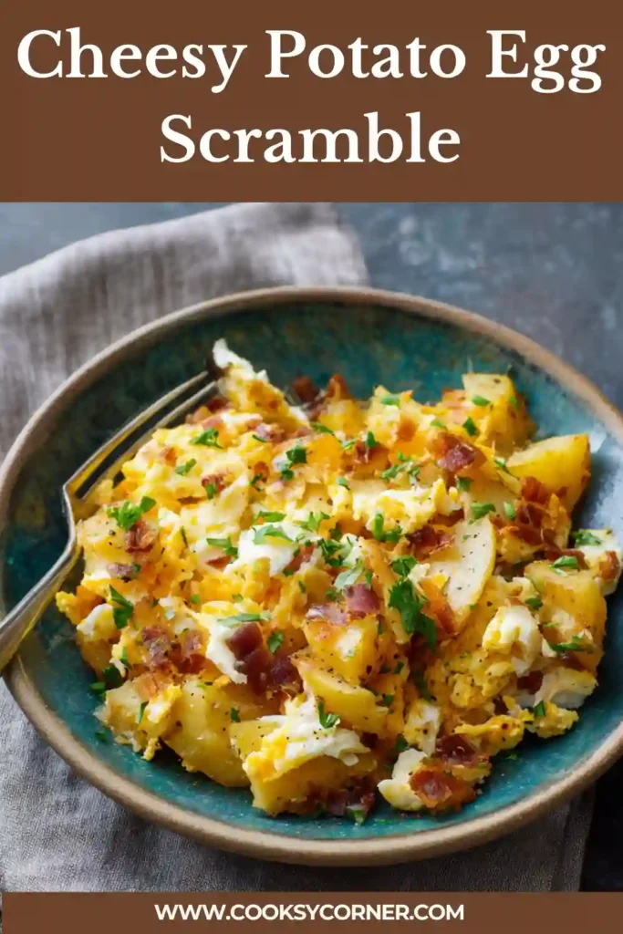 Breakfast potato egg skillet with fluffy eggs and cheese.