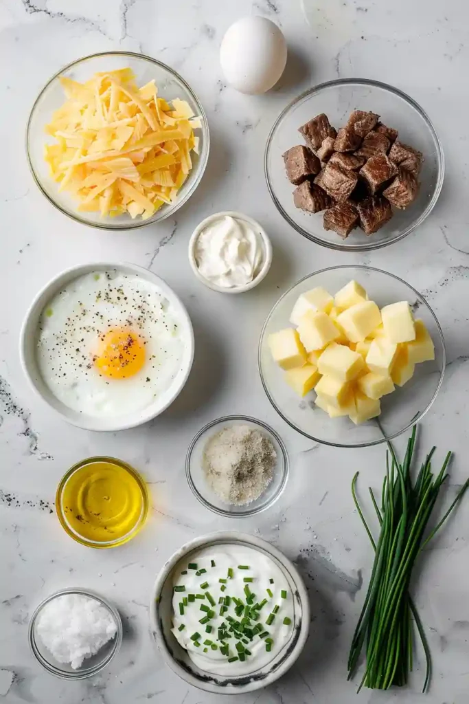 Close-up of cheesy potato egg scramble served warm.