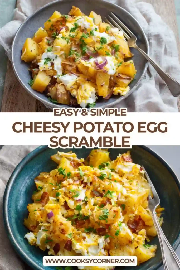 One-pan potato egg scramble topped with sour cream and chives.