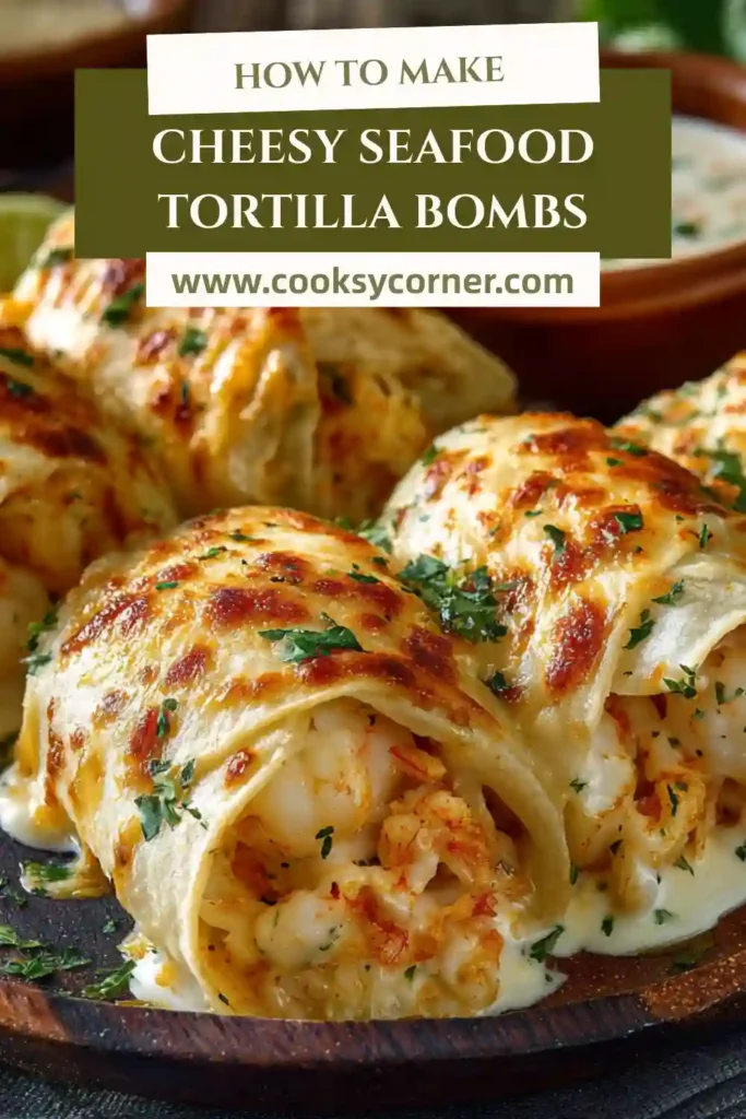 Baked Cheesy Seafood Tortilla Bombs with garlic cream sauce bubbling on top.