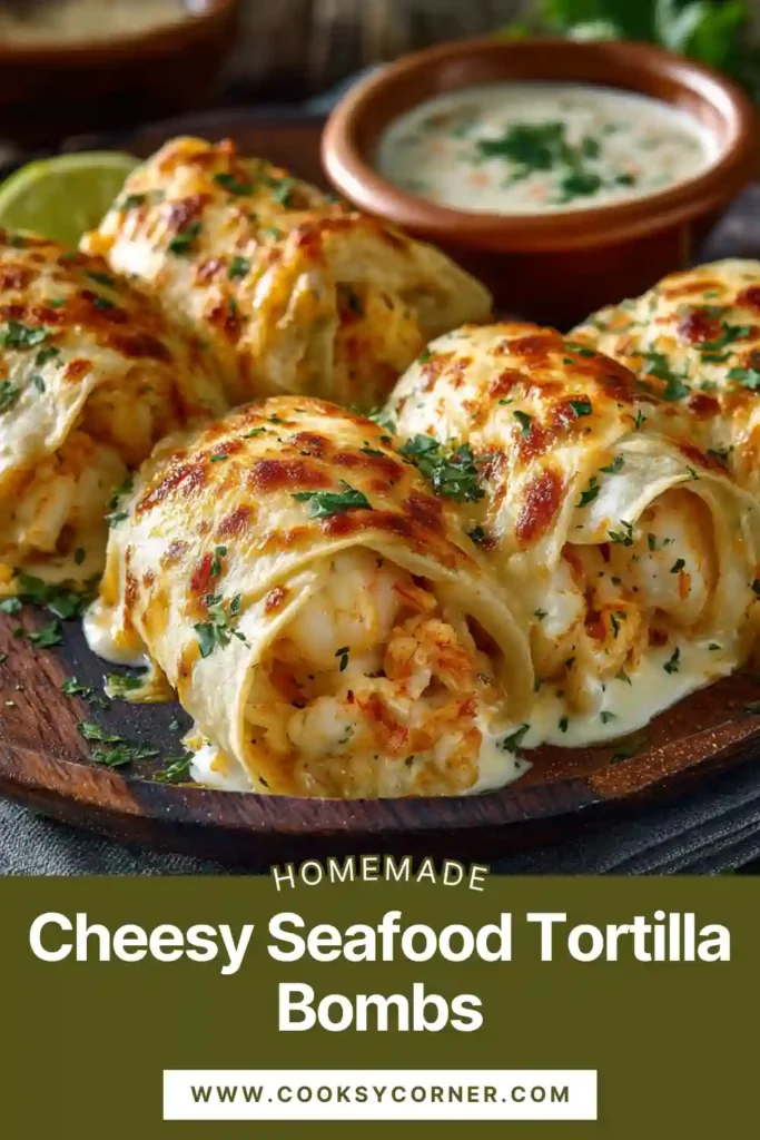Close-up of seafood tortilla rolls filled with shrimp and crab, topped with parsley.